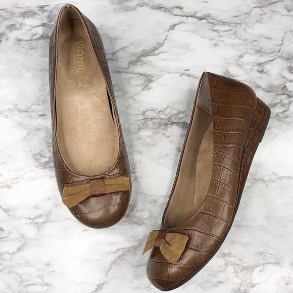 Vionic Shoes - Vionic | Lydia Leather Croc Embossed Wedge Flats